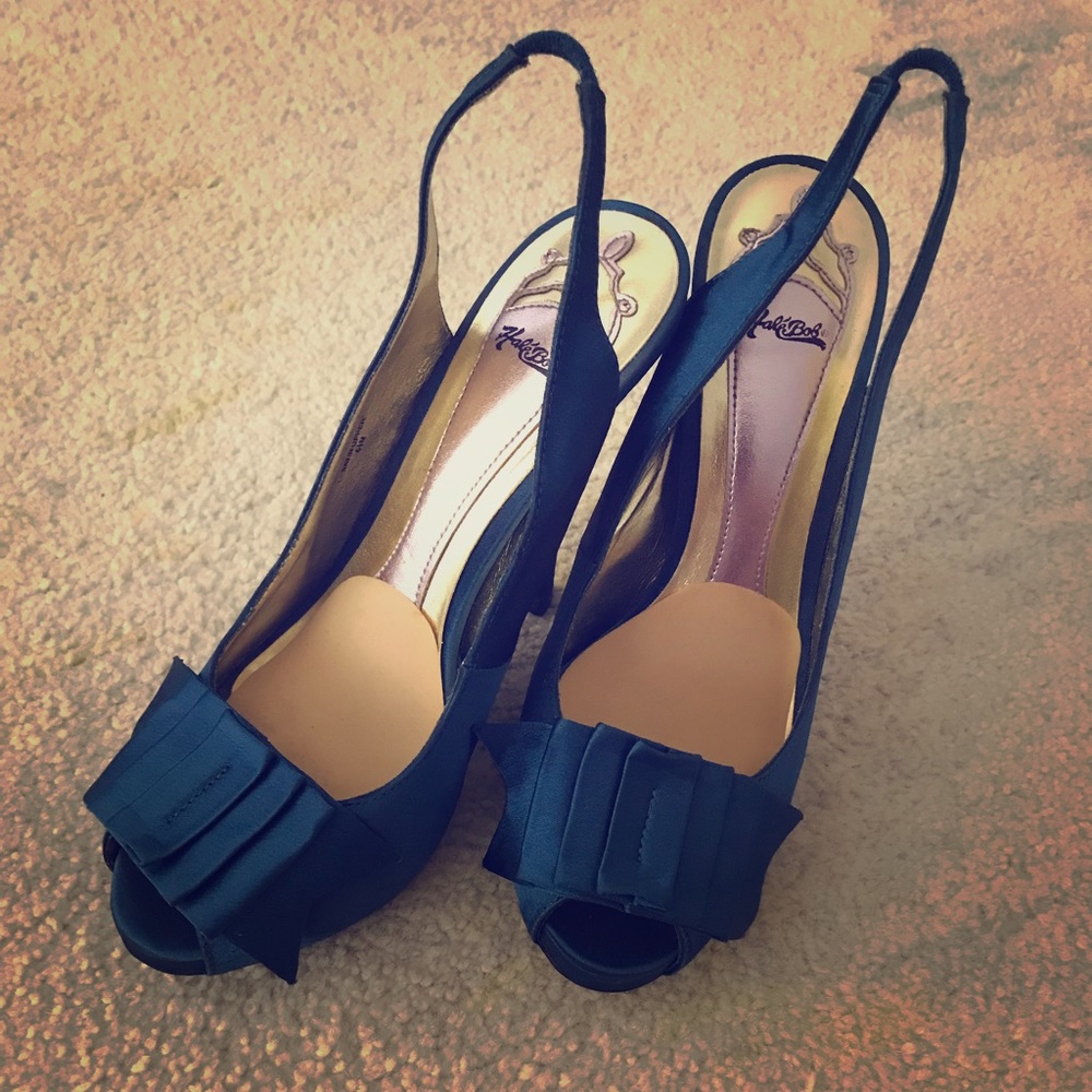 Hale Bob satin peep toe sling back heels